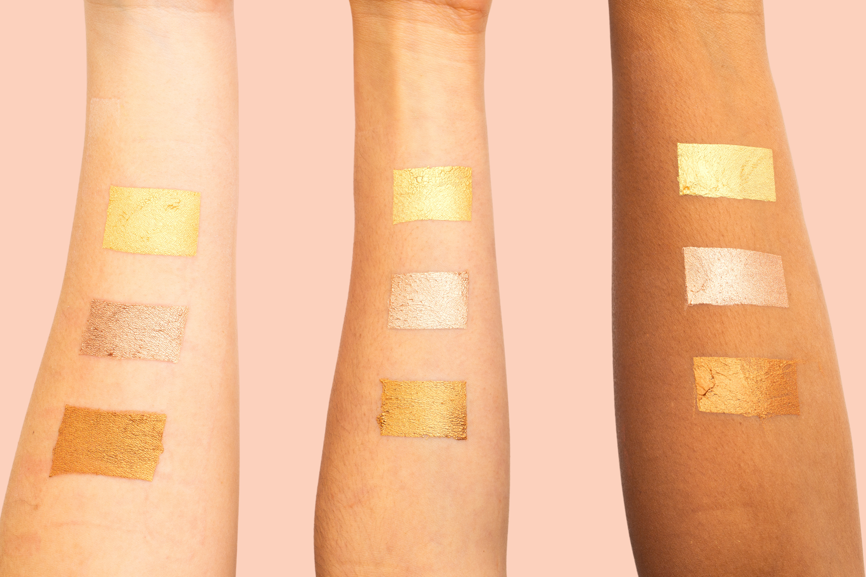 image of skin dew swatches on light, medium and deep complexions on peach backfround
